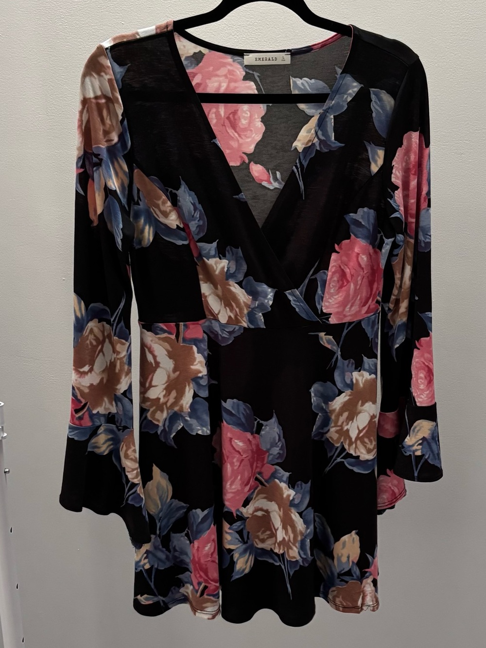 Emerald Black Floral Surplice Mini Dress with Long Bell Sleeves